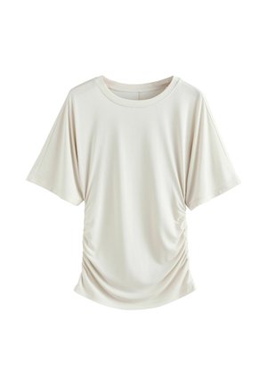 Hellbeiges kurzärmeliges Oberteil mit rundem Ausschnitt und gerafftem Seitendetail, gefertigt aus weichem, glattem Stoff. Betont eine legere Passform.