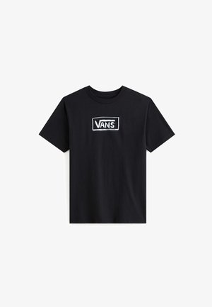 Schwarzes Baumwoll-T-Shirt mit einem weißen rechteckigen Logo, auf dem "VANS" in fetten Buchstaben zentriert auf der Brust steht. Kurze Ärmel und runder Ausschnitt.
