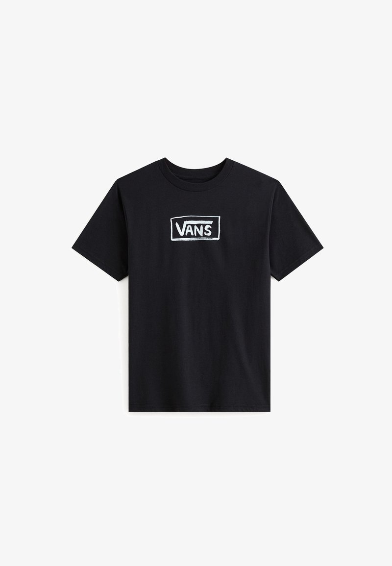 T-shirt en coton noir avec un logo rectangulaire blanc portant "VANS" en lettres gras, centré sur la poitrine. Manches courtes et décolleté rond.