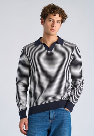 Giovane uomo con capelli ricci che indossa un maglione a maniche lunghe a righe blu navy e bianche con colletto e jeans blu, in piedi davanti a uno sfondo semplice.