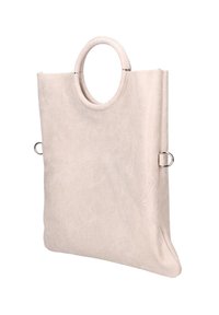 Borsa tote beige chiaro in ecopelle texturizzata, con un manico circolare e dettagli in metallo argentato sui lati.