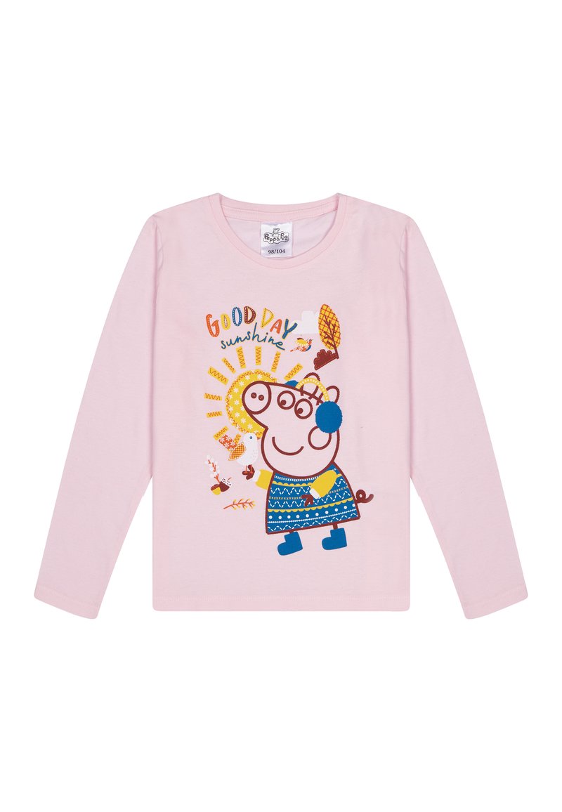 Camiseta de niño de manga larga en color rosa que presenta un personaje de cerdo de dibujos animados con un vestido azul, rodeado de texto y elementos otoñales coloridos.