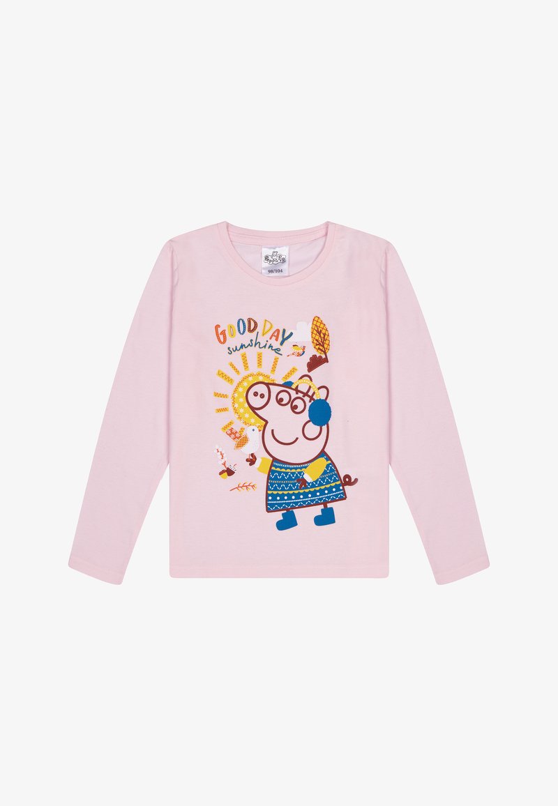 Roze kinder T-shirt met lange mouwen, featuring een cartoon varken in een blauwe jurk, omringd door tekst en kleurrijke herfstelementen.