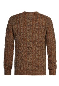 Textured brown sweater with a cable knit pattern, featuring shades of orange and dark brown. Round neck and long sleeves.