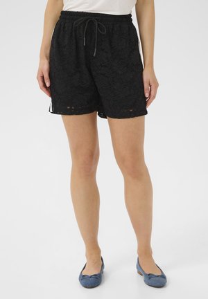 Sorte blonder shorts med elastisk linning og snor, med bølget kant og struktureret blomster mønster.