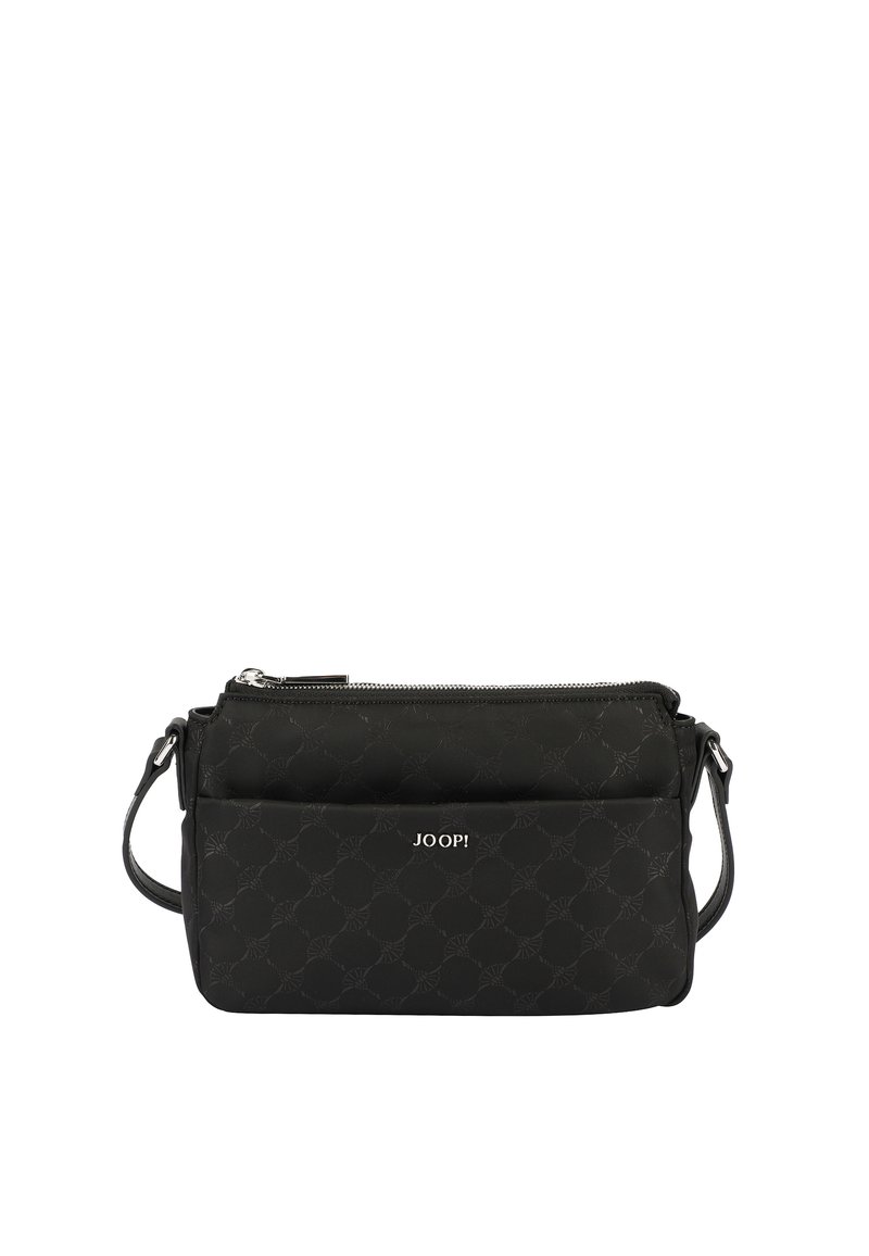 Svart tyg crossbody-väska med dragkedja, med ett texturerat mönster och silverfärgad logotyp. Justerbar axelrem ingår. Rektangulär form.