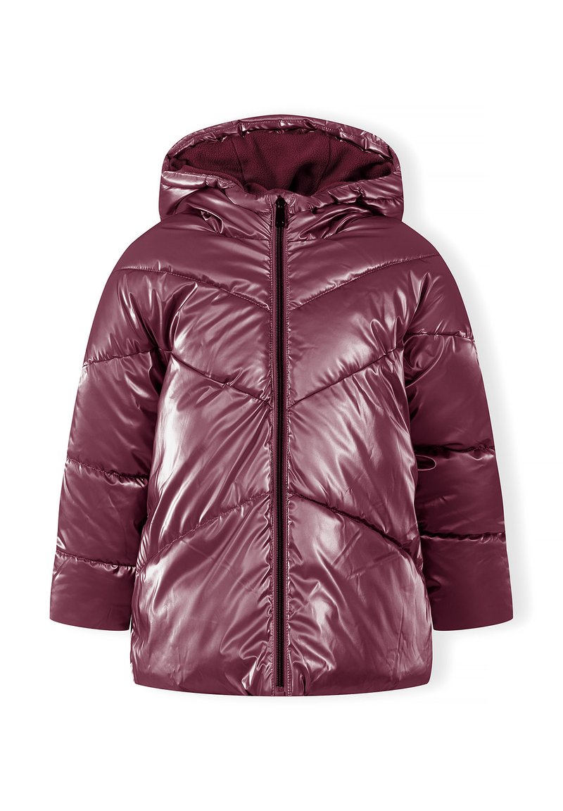 Marron polstret jakke med en glanset finish, der har hætte, fuld lynlås og chevron-syningsmønster. Blød indvendig tekstur.