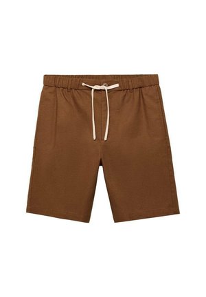 Brown shorts made of lightweight fabric, featuring an elastic waistband, drawstring, and two side pockets. Classic straight-cut design.