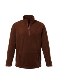 Brun fleece sweatshirt med halv-zip krave, lange ærmer og en frontlomme. Blød tekstur og afslappet pasform. Logo-patch ved kanten.