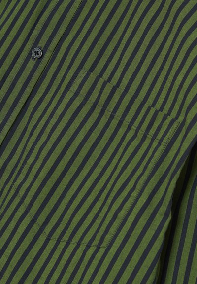 Green and navy striped shirt featuring a button-up front, collar, and a chest pocket with a smooth cotton texture.