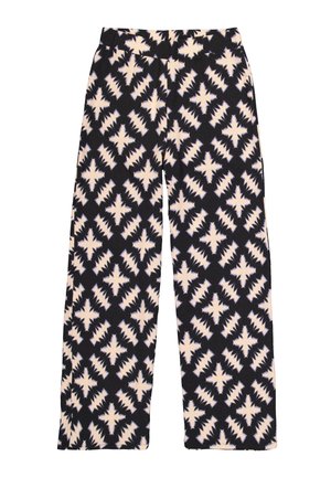 Pantalones de pierna ancha con estampado en negro y diseño geométrico en crema. Tela suave con una sensación texturizada; cinturilla elástica para mayor comodidad.