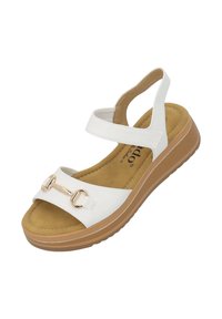 Sandal in pelle bianca con due cinturini, dettagli in metallo dorato, soletta imbottita e suola platform marrone chiaro.