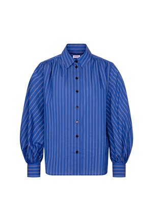 Blå langærmet knap-bluse med vertikale hvide striber, puffede ærmer, spids krave og knapmanchetter.