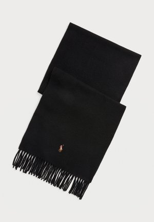 Black wool scarf with fringed ends and a small embroidered logo of a polo player in red and brown near one edge.