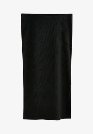 Černá midi sukně vyrobená z pružné tkaniny, s rovnými liniemi a bočním rozparkem pro snadný pohyb.