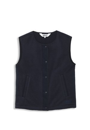 Marine fleece vest met een ronde halslijn, drukknopen sluiting en zijzakken, met een gladde textuur en contrasterende bies.