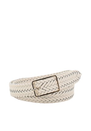 Beige braided leather belt with a rectangular metal buckle, rolled in a circular shape on a white background.