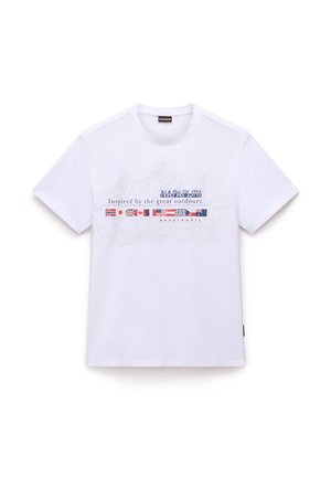 White cotton t-shirt featuring a front graphic with mountain outlines and flags, text, and a crew neckline. Short sleeves.