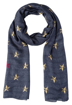 Marineblauwe sjaal met diagonale strepen, versierd met verspreide beige sterren en één rode ster, losjes gevouwen in een lussenvorm.