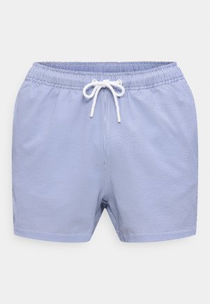 Világoskék és fehér csíkos fürdőnadrág, rugalmas derékrésszel és a középen elöl fehér, masnira kötött húzózsinórral.