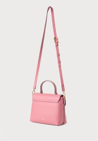 Pink leather handbag with a structured shape, top handle, and adjustable strap. Features a flap closure and gold hardware accents.