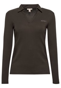 Polo-shirt a maniche lunghe verde scuro in cotone morbido, con scollo a V, colletto e piccolo logo bianco sul petto a sinistra.