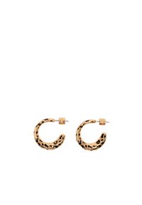 Pendientes de aro dorados con una superficie texturizada, que presentan un patrón de estampado de leopardo negro. Diseño sencillo con cierre a presión.