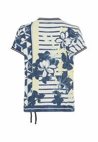 Florale en gestreepte top met korte mouwen, in navy, geel en wit; zachte stof, afgeronde zoom en trekkoordaccenten aan de zijkanten.