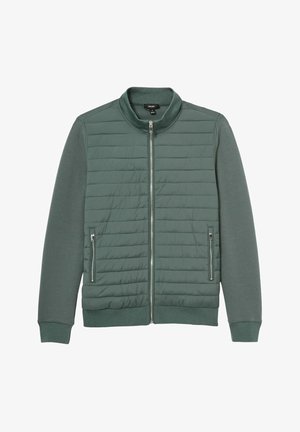 Kurtka pikowana w kolorze zielonym z zapięciem na zamek, prążkowanym kołnierzem i dwiema kieszeniami bocznymi. Rękawy i dolny brzeg wykonane z gładkiego materiału.