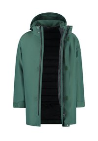 Groene gewatteerde winterjas met een zwarte gevoerde binnenvoering, een rits aan de voorkant, drukknoopsluiting en verstelbare klittenbandsluitingen bij de manchetten.