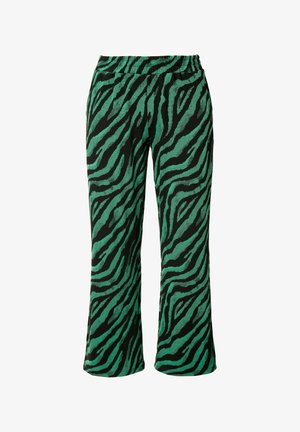 Zielono-czarne spodnie w paski zebry wykonane z miękkiej tkaniny, z elastycznym paskiem w talii i luźnym krojem, z rozszerzanymi nogawkami.