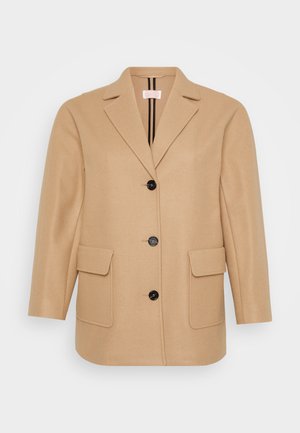 Beige ullbland blazer, skreddersydd design, notched lapels, svarte knapper, to frontlommer og stripete innfôr.