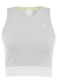 Top deportivo corto gris claro hecho de tela elástica. Presenta un escote redondo, diseño sin mangas y una banda en la cintura de color blanco contrastante.
