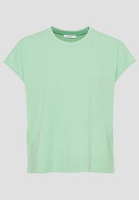 Chemise à manches courtes texturée vert clair avec encolure ronde et légère extension au niveau des épaules, présentée sur fond neutre.