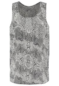 Černobílý vzorovaný top bez rukávů s motivem paisley, hladkou texturou a kulatým výstřihem. Vyrobený z lehké látky.