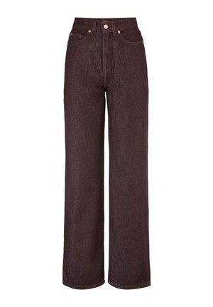 Hoch geschnittene, dunkelbraune Jeans mit weitem Bein, vorn mit Knöpfen und Reißverschluss, Gürtelschlaufen und Fünf-Taschen-Stil.