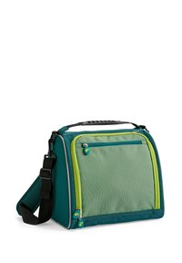 Borsa a soffietto in teal e verde con forma quadrata, dotata di un vano principale, tasca frontale con zip e tracolla regolabile.