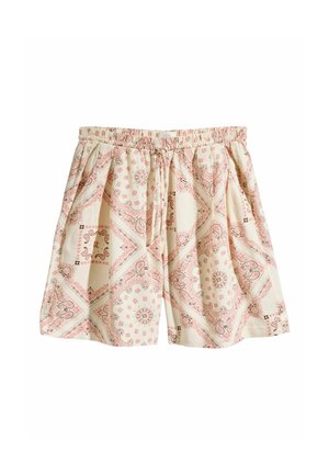 Svetlo béžové bavlnené šortky s ružovým paisley a kvetinovým bandana vzorom, elastický pás, sťahovacia šnúrka a bočné vrecká.