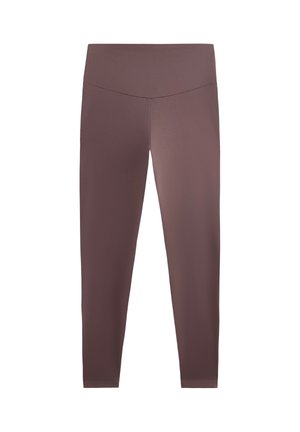 Bruine, straksluitende leggings van rekbare stof; middelhoog tailleband; gladde textuur zonder patronen of accenten.