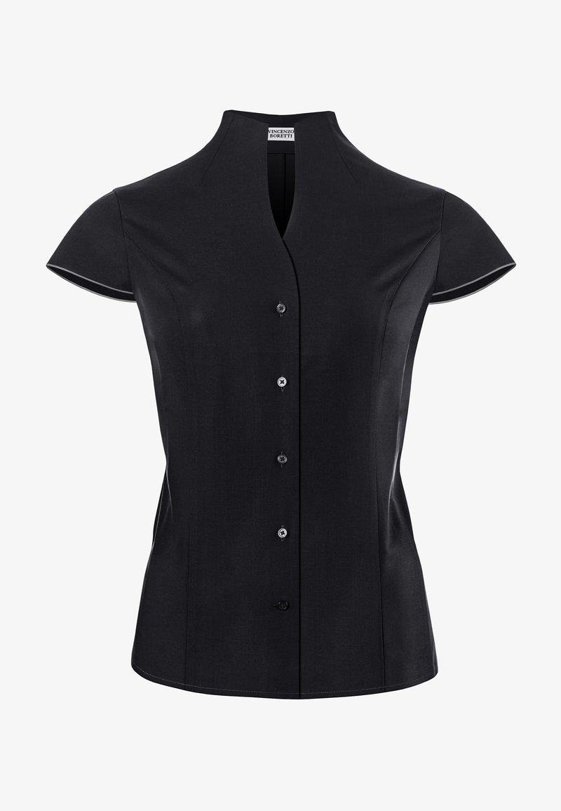 Black short-sleeve shirt featuring a mock collar, five-button front closure, and subtle stitching accents along the sleeves.