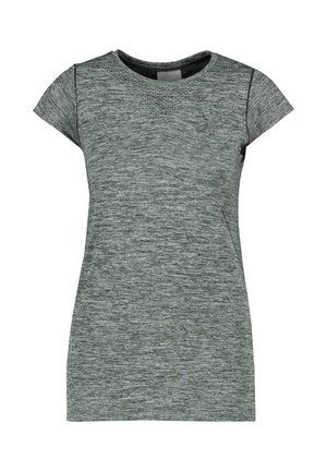 T-shirt de sport à manches courtes pour femme, en gris chiné, avec un motif texturé subtil et un petit logo sur la poitrine gauche.