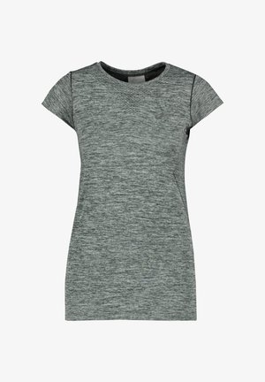 Kobieca krótko rękawowa szara koszulka sportowa z melanżowym wykończeniem, delikatnym teksturowanym wzorem i małym logo na lewej piersi.