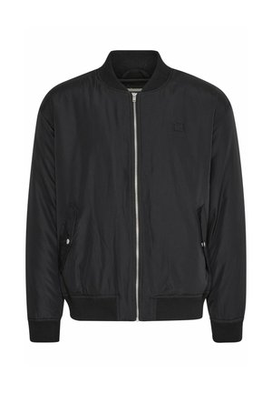 Black bomber jacket with a zip front, ribbed cuffs and waistband, side pockets, and a subtle logo on the chest. Smooth fabric texture.