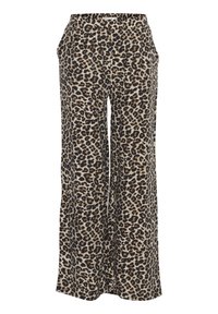 Kalhoty širokého střihu s leopardím potiskem vyrobené z měkké látky. Mají elastický pas a boční kapsy. Barvy zahrnují béžovou, hnědou a černou.