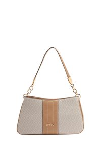 Bolso Liu Jo con exterior beige, con un patrón texturizado, una franja central marrón claro, herrajes dorados y una única correa para el hombro.