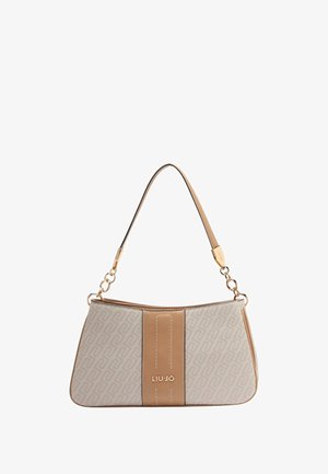 Borsa Liu Jo con esterno beige, caratterizzata da un motivo testurizzato, striscia centrale color sabbia, dettagli in oro e una tracolla singola.