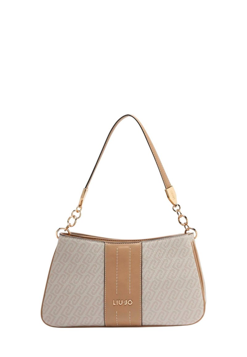 Bolso Liu Jo con exterior beige, con un patrón texturizado, una franja central marrón claro, herrajes dorados y una única correa para el hombro.