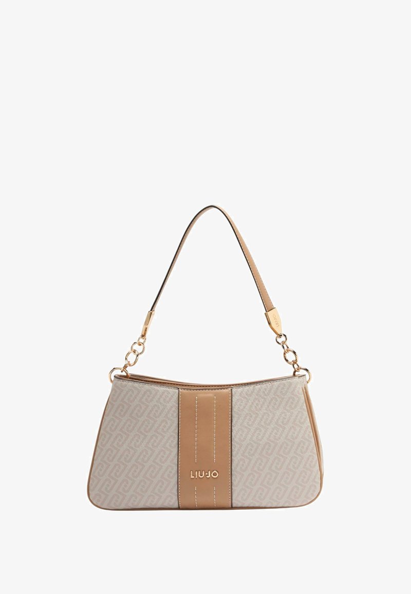 Bolso Liu Jo con exterior beige, con un patrón texturizado, una franja central marrón claro, herrajes dorados y una única correa para el hombro.