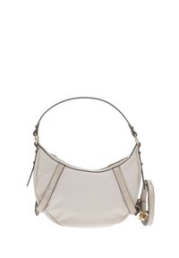 Borsa a spalla in nylon beige con una texture a serpente sulla tracolla. Presenta una silhouette curva e dettagli in metallo dorato.