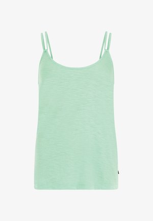 Lichtgroen tanktop met dunne bandjes. Gemaakt van zachte, gestructureerde stof. Heeft een brede halslijn en een ontspannen pasvorm.